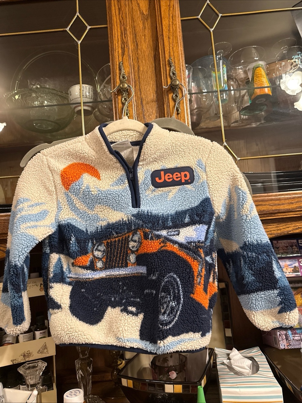 RARE Jeep Wrangler Sweater Kids 4/5 Sherpa Fleece Blue White Orange